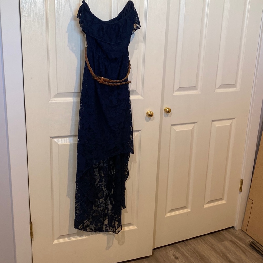 Trixxi strapless medium length in front and long in the back sun dress.